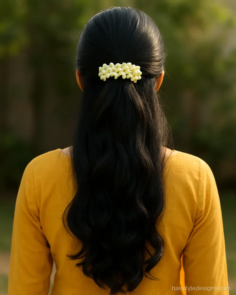 Half pony hairstyle Indian style with soft curls and a small jasmine gajra
