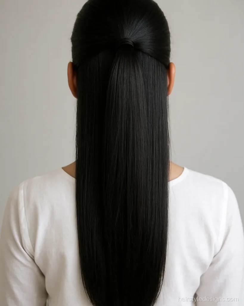 Half ponytail hairstyle with the top section tied sleek at the crown