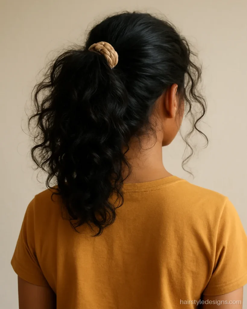 Messy pony hairstyle tied high with curly hair and loose front strands