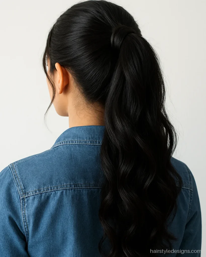 High pony hairstyle with a wrapped base worn with a denim shirt