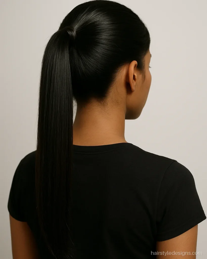 Sleek high ponytail hairstyle with straight hair tied at the crown