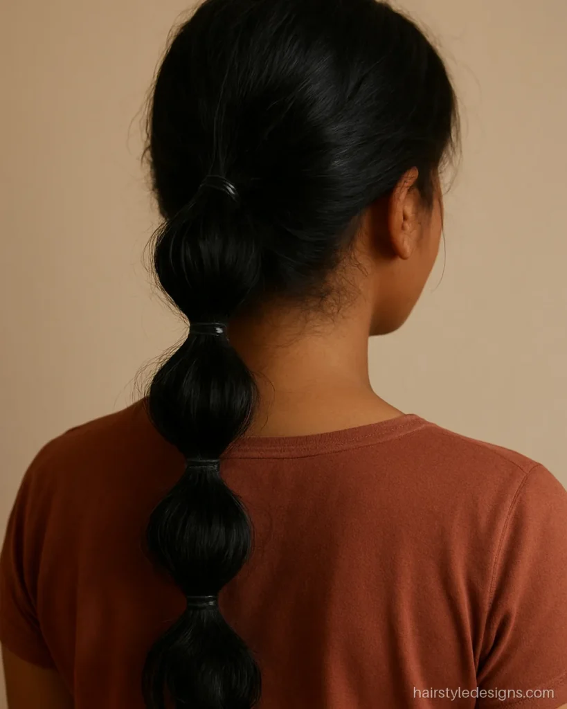 Messy ponytail hairstyle with low loose bubbles and a textured finish