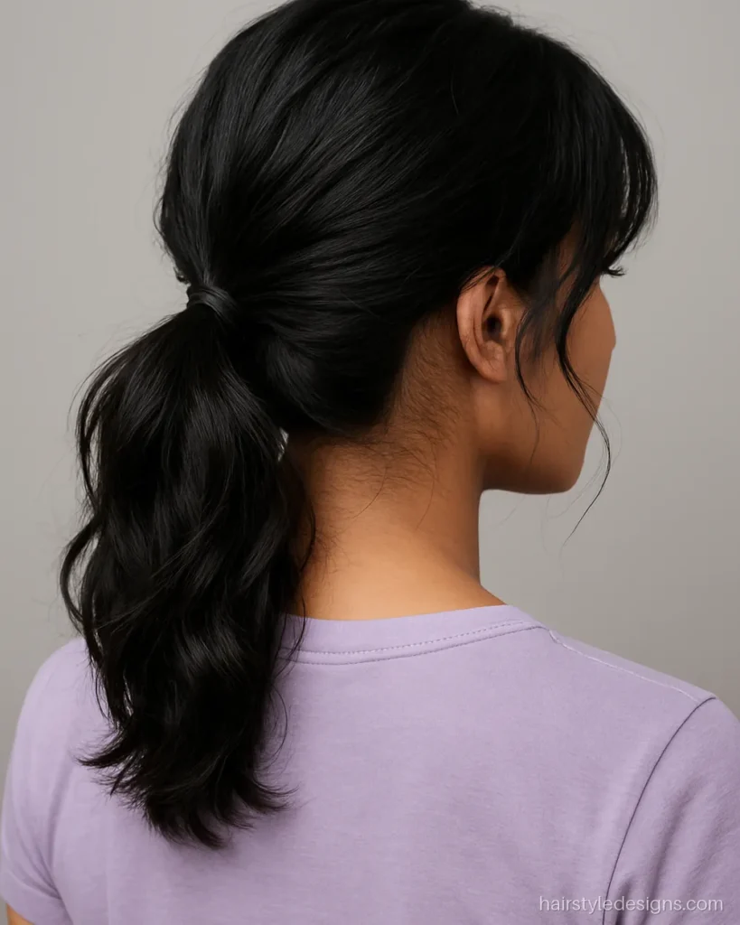 Loose low ponytail hairstyle with curtain bangs and soft pulled-out strands
