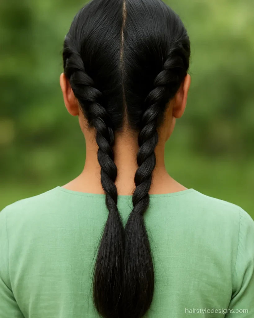 Low ponytail hairstyle with rope twists from each temple pinned into the tie