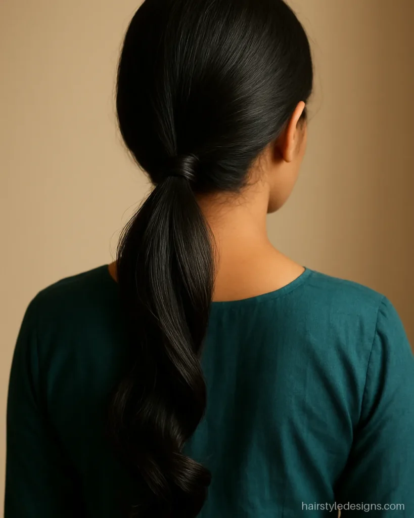Side ponytail hairstyle with curled ends resting over one shoulder