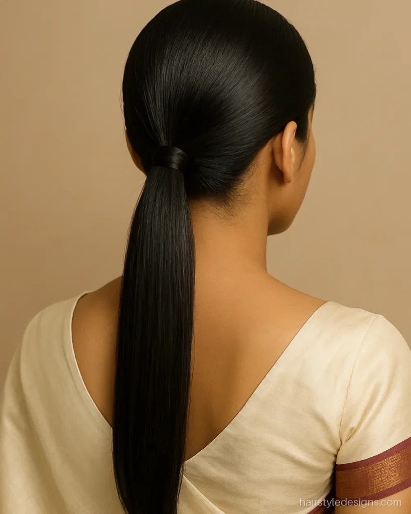Sleek low ponytail hairstyle with a centre part and smooth glossy finish