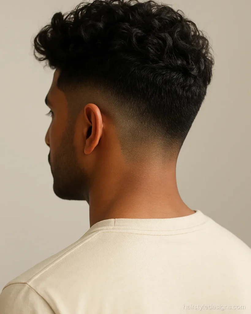 Burst fade quiff with a curly top and natural neckline