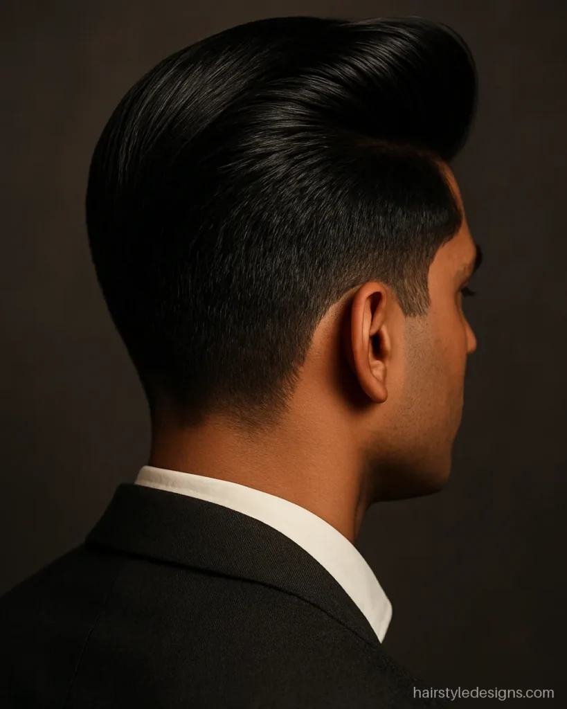Classic pompadour hairstyle with slicked sides and high shine