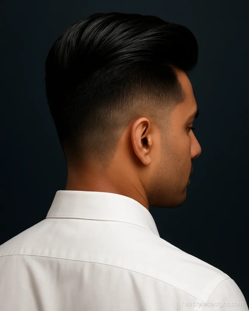 Classic quiff hairstyle with a glossy high front and tapered sides