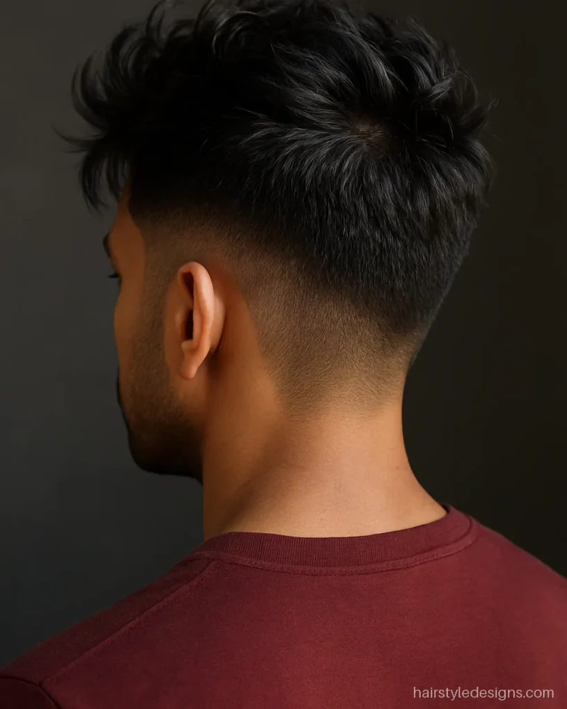 Messy quiff low fade hairstyle with a tousled top and forward pieces