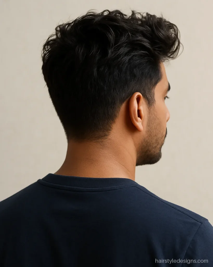 Medium quiff hairstyle with messy waves and longer sides