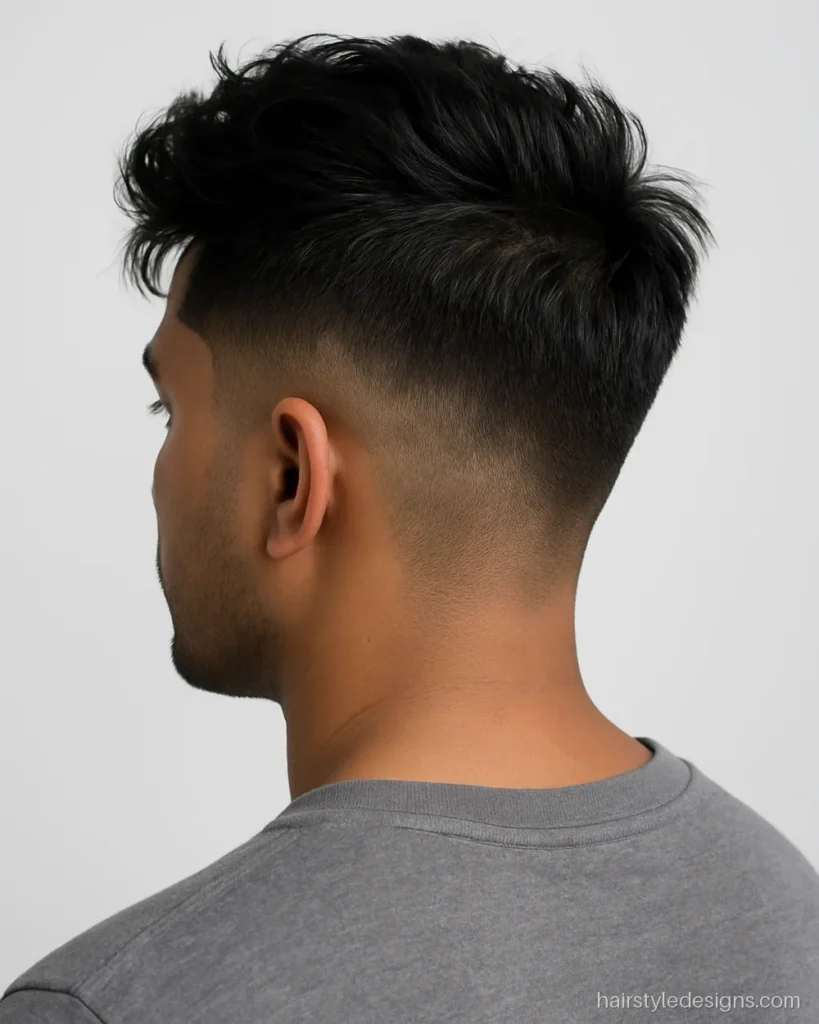 Messy quiff hairstyle young men like, swept to one side with a high fade