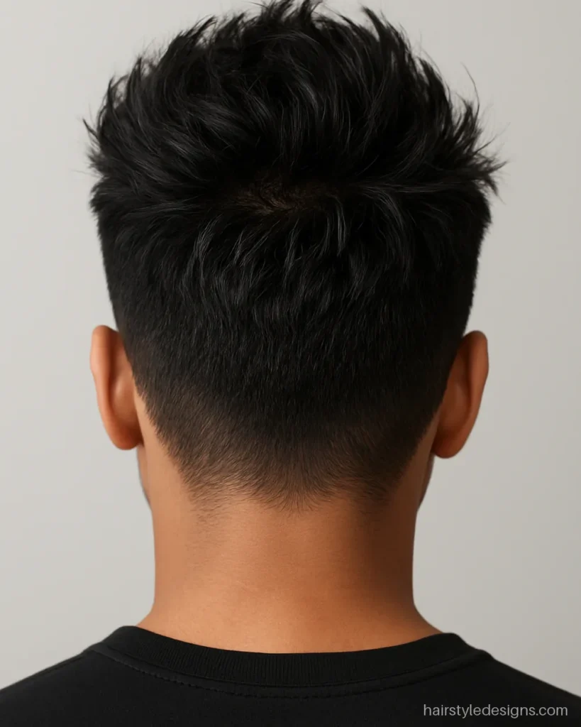 Top view of a messy textured quiff with layered crown and short sides