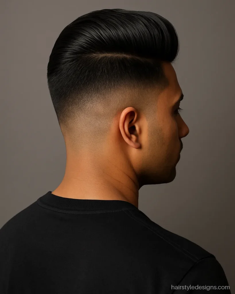 Modern pompadour hairstyle men pick with a high skin fade