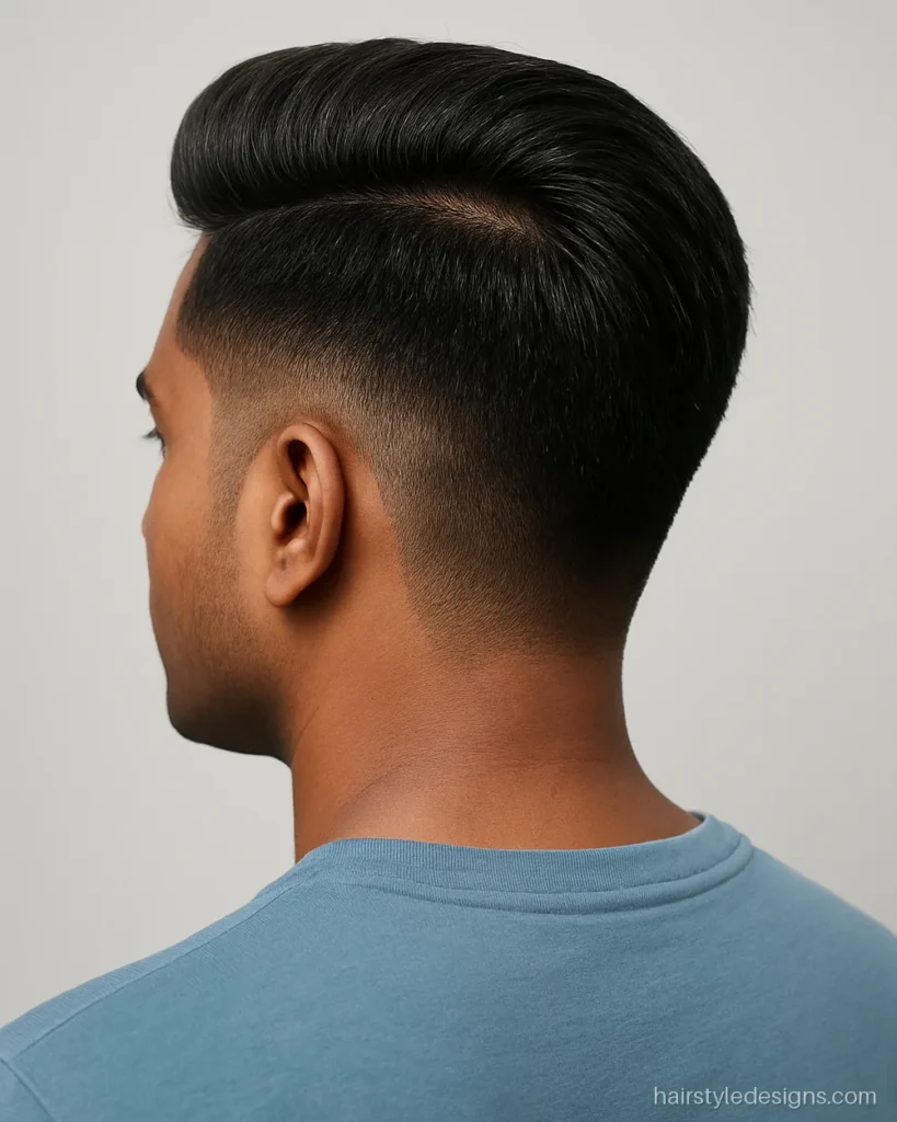 Short pompadour hairstyle with a low taper and matte finish