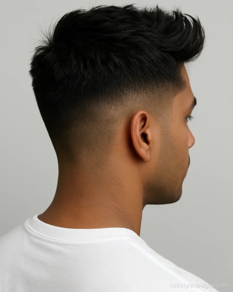 Short textured quiff with a low taper, easy for helmet days