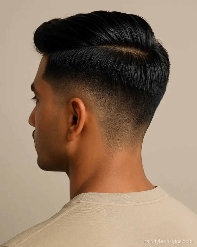Side quiff hairstyle with a hard part and lifted front