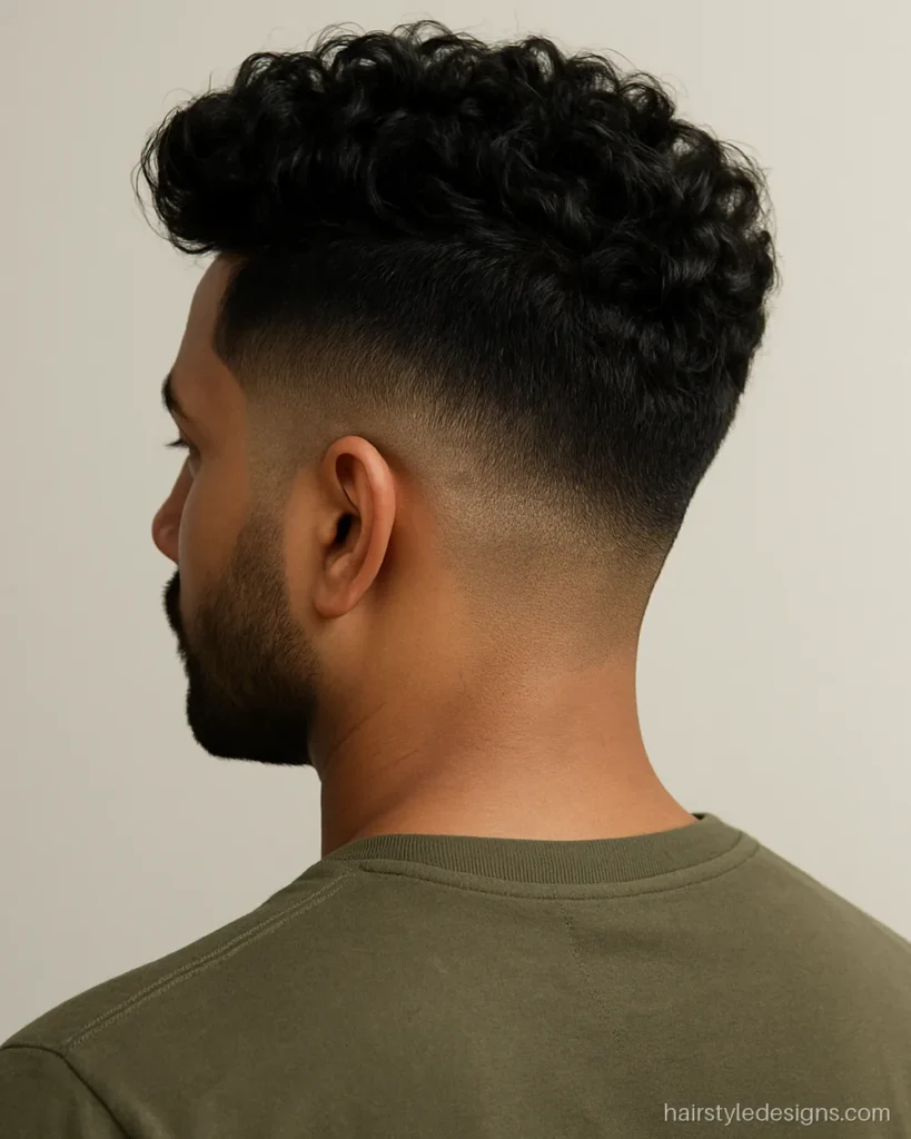 Curly textured quiff with tight curls on top and a mid skin fade