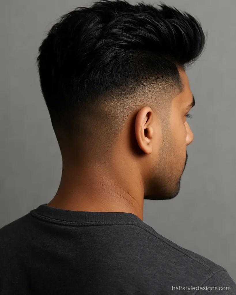 Textured quiff hairstyle men wear with a mid fade and matte finish