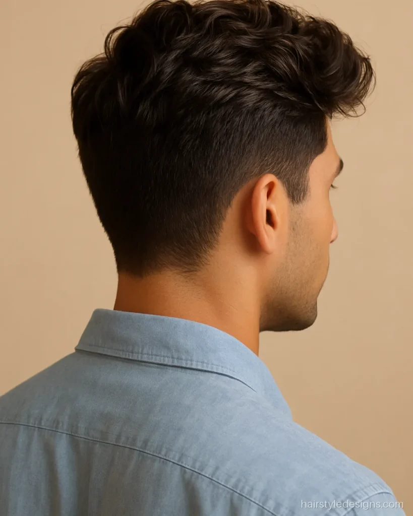 Wavy textured quiff with scissor-cut sides for an office-friendly look