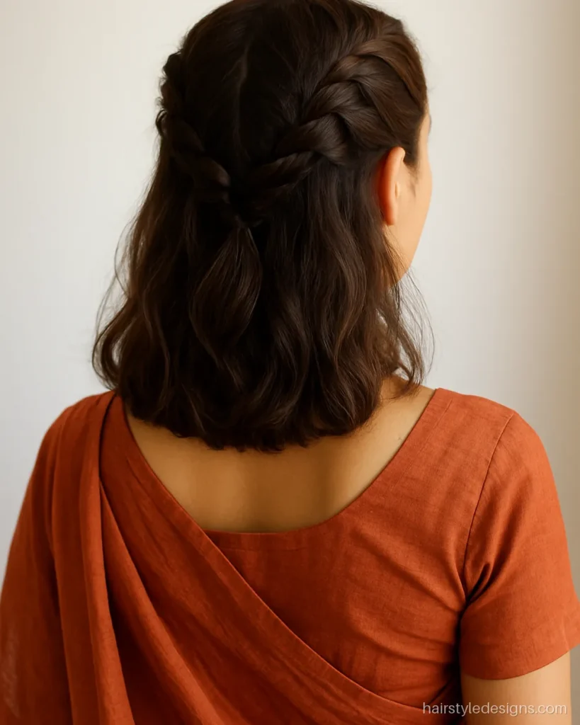 Half up Dutch braid saree hairstyle with waves left open below