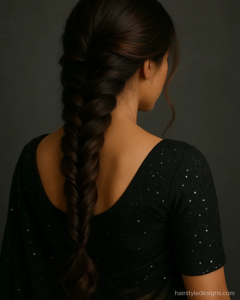 Fishtail side braid hairstyle with saree, loose and pulled apart