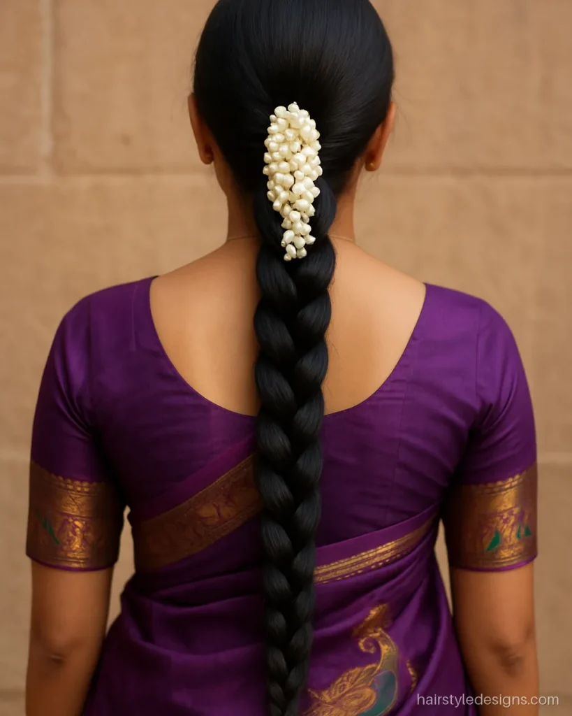 Long choti braid hairstyle for saree with a line of gajra down the braid