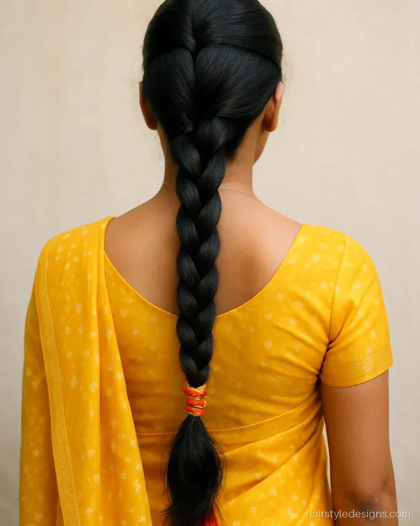 Traditional braid hairstyle on saree with a front puff and paranda tassel