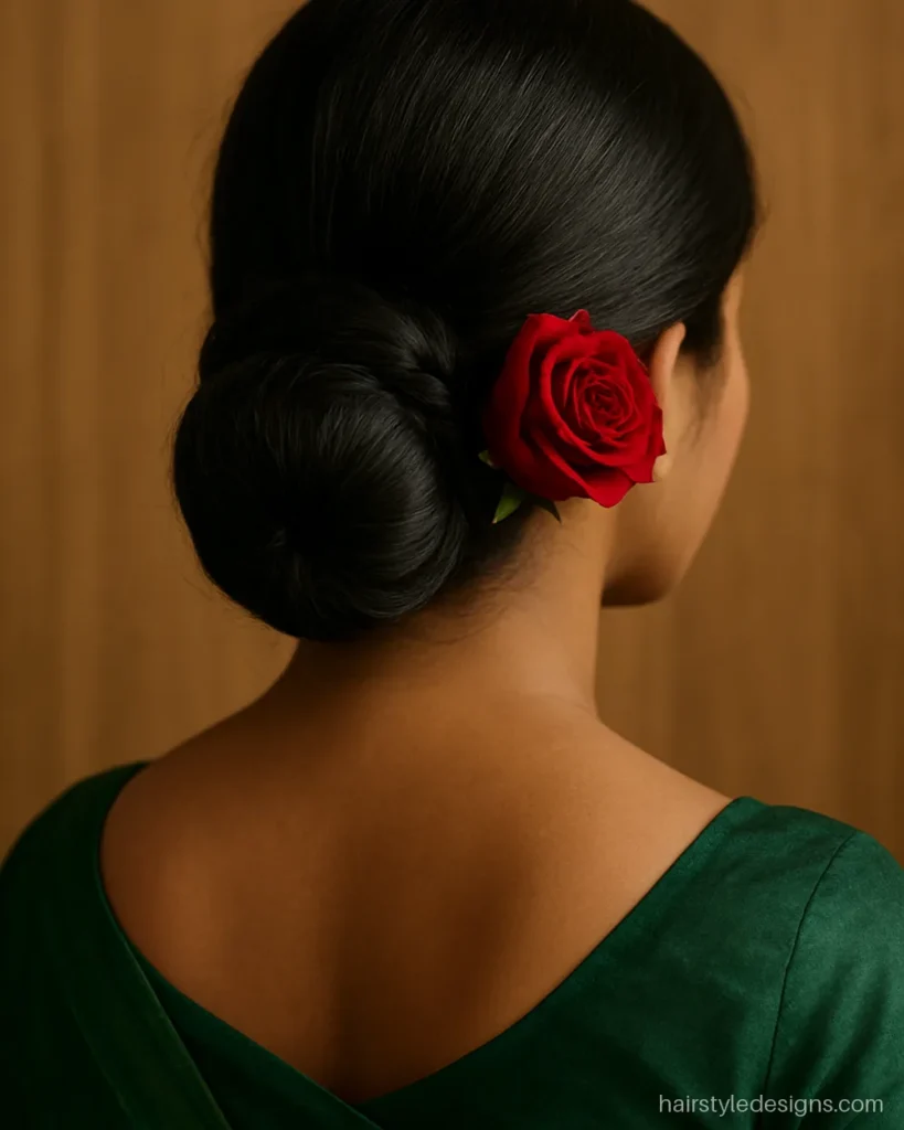 Bun hairstyle for saree with flowers, a braided wrap and one red rose