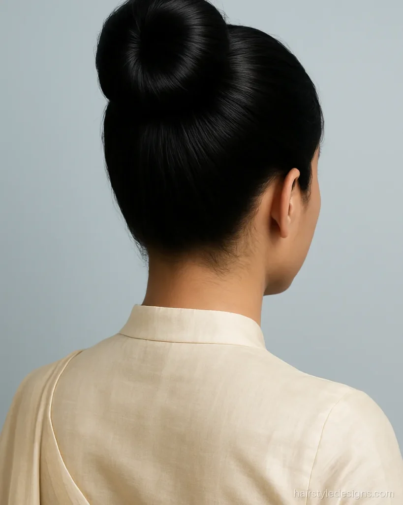 Simple bun hairstyle on saree with a high sleek round bun