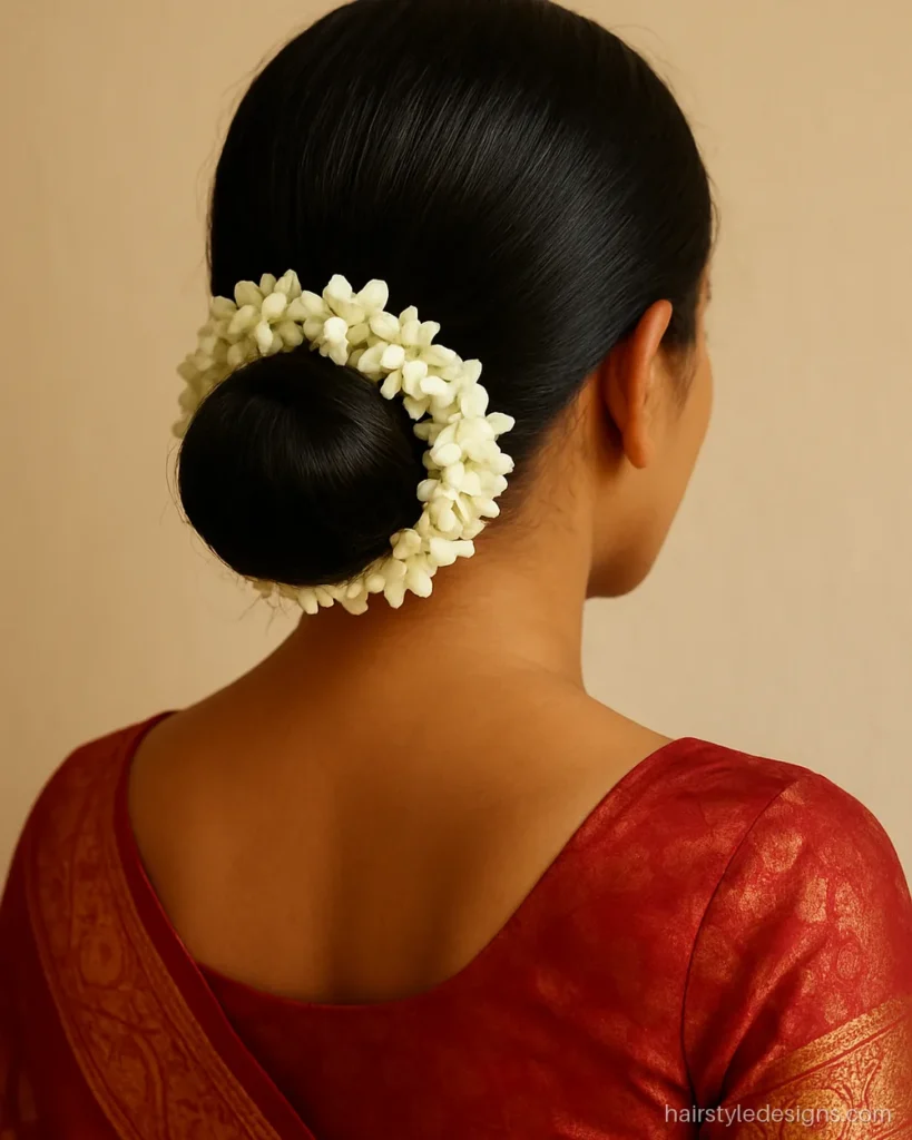 Bun hairstyle for saree with gajra wrapped around a smooth low bun