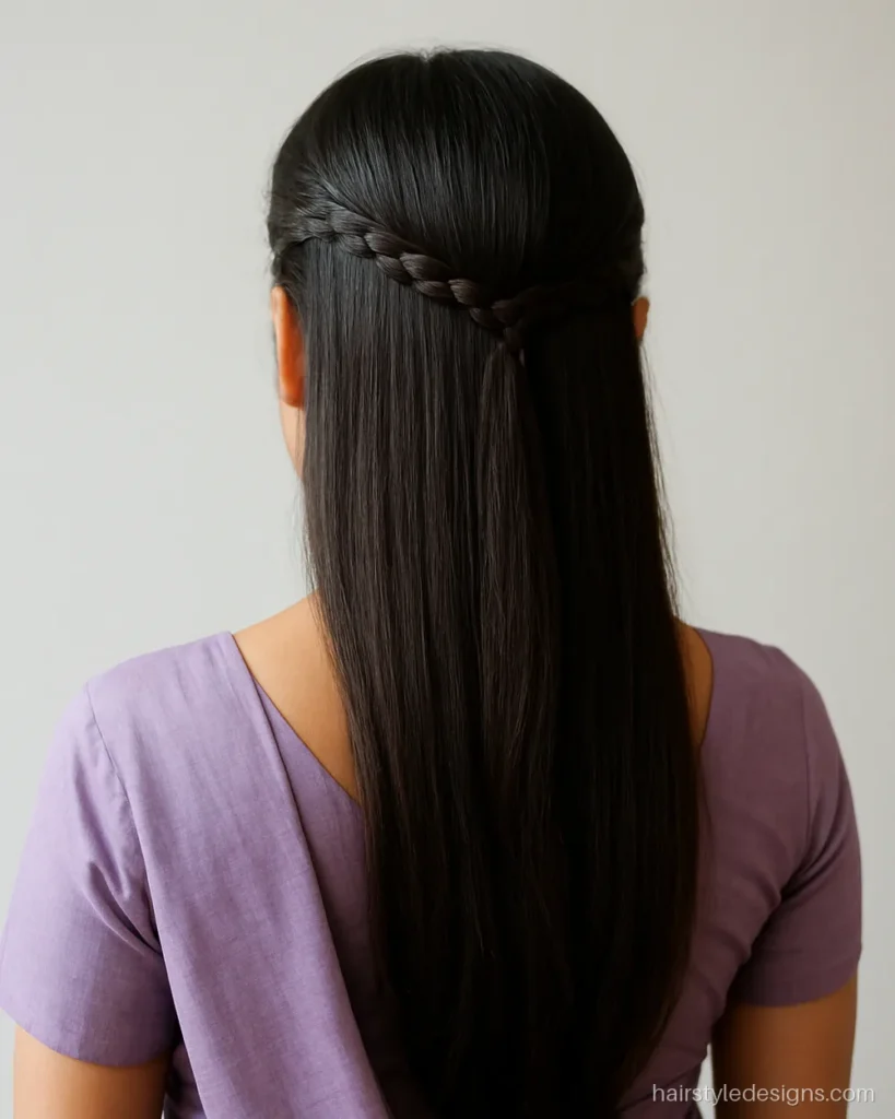 Front braid hairstyle for saree going from the hairline to the back