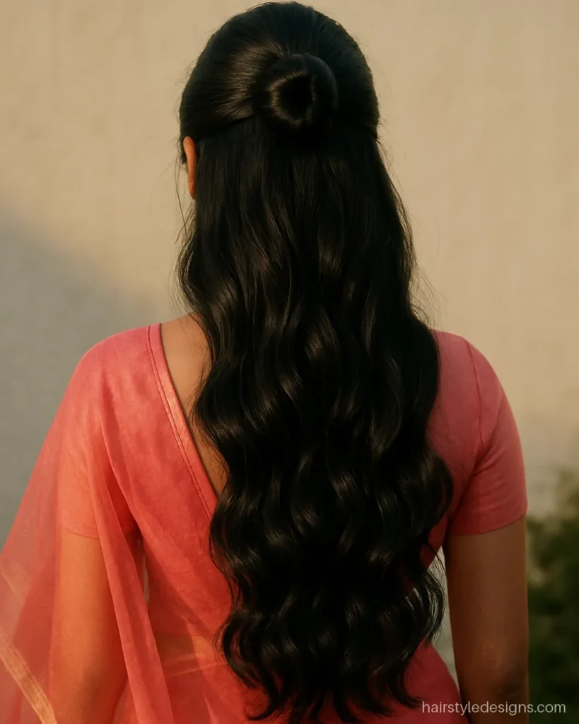 Front bun hairstyle for saree with a small crown bun and curls below