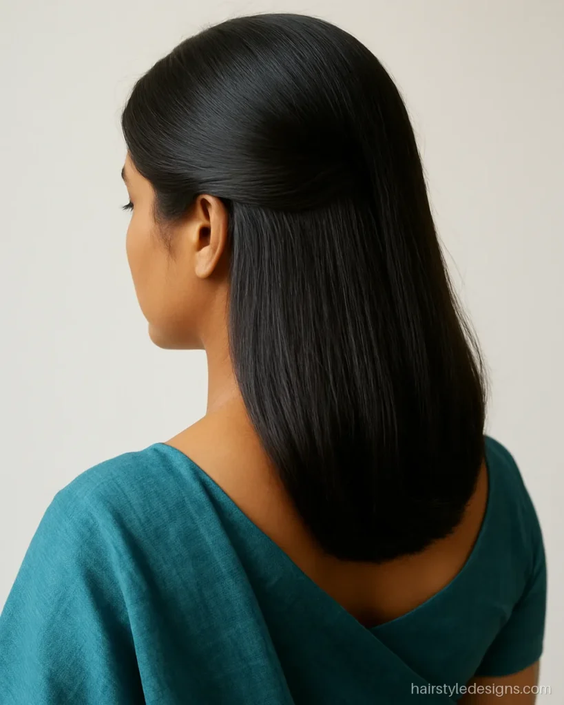 Front puff hairstyle on saree with a deep side part and smooth back