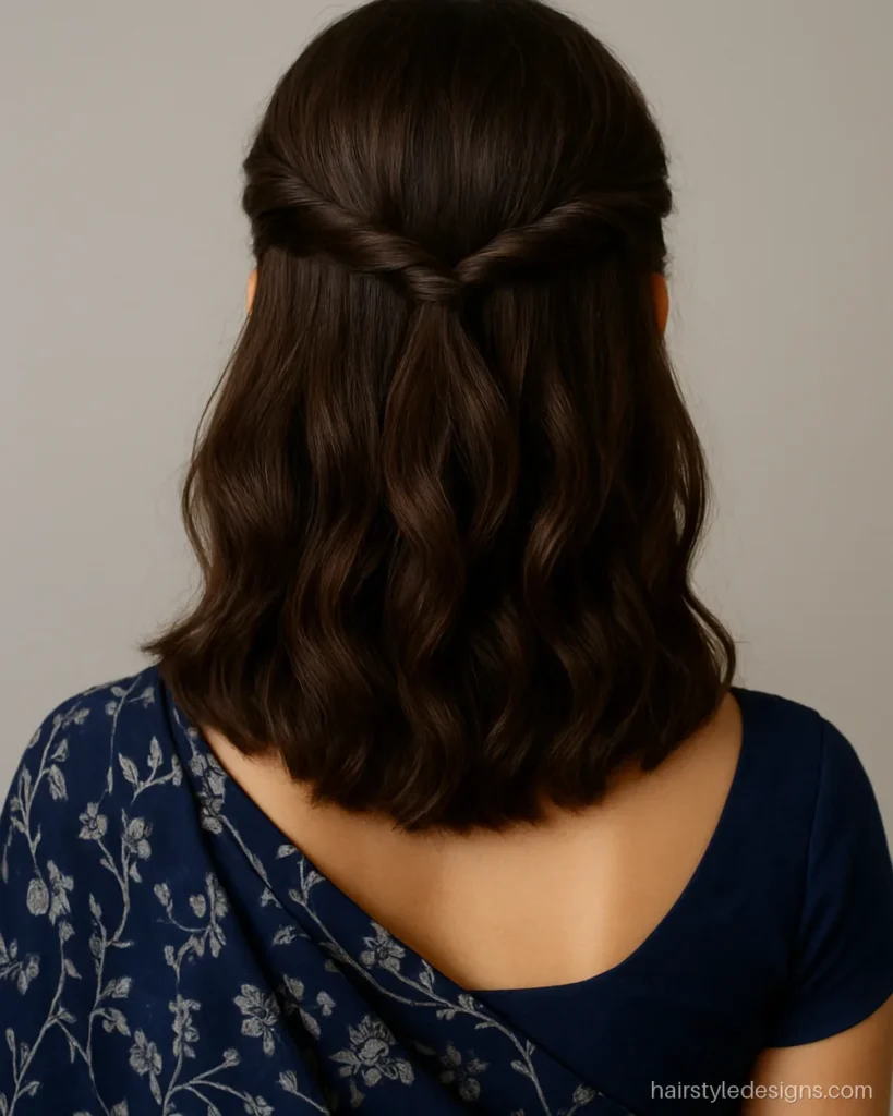 Front hairstyle for saree with twisted side sections pinned and open back