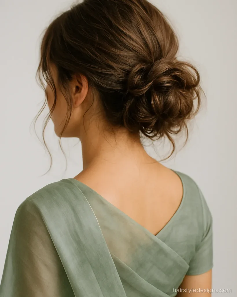 Messy bun hairstyle for saree with loose strands and a textured finish