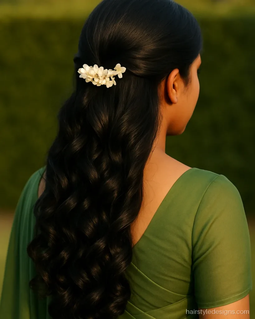 Open hairstyle for saree with flowers, curls swept to one side and pinned