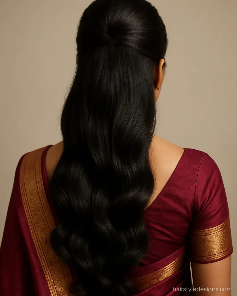 Open hairstyle for silk saree with a soft crown puff and big waves