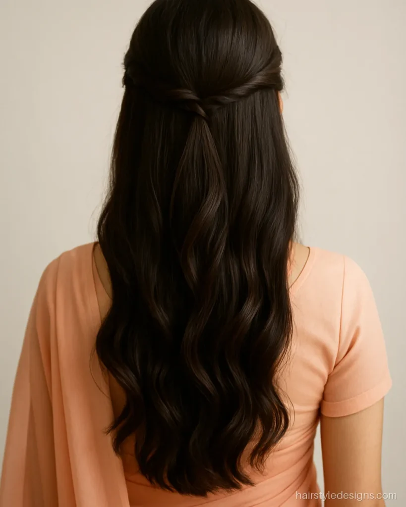 Open hairstyle with saree, soft waves and a small half-pinned twist at the back