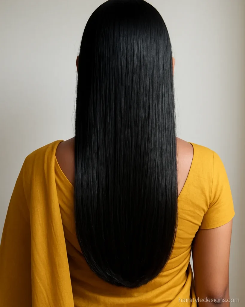 Simple open hair hairstyle for saree with a sleek centre part and straight ends