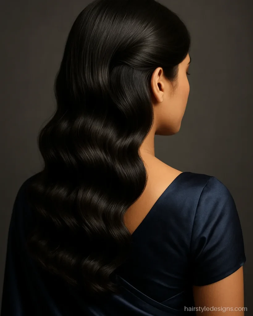 Modern trendy hairstyle for saree with glossy side part waves