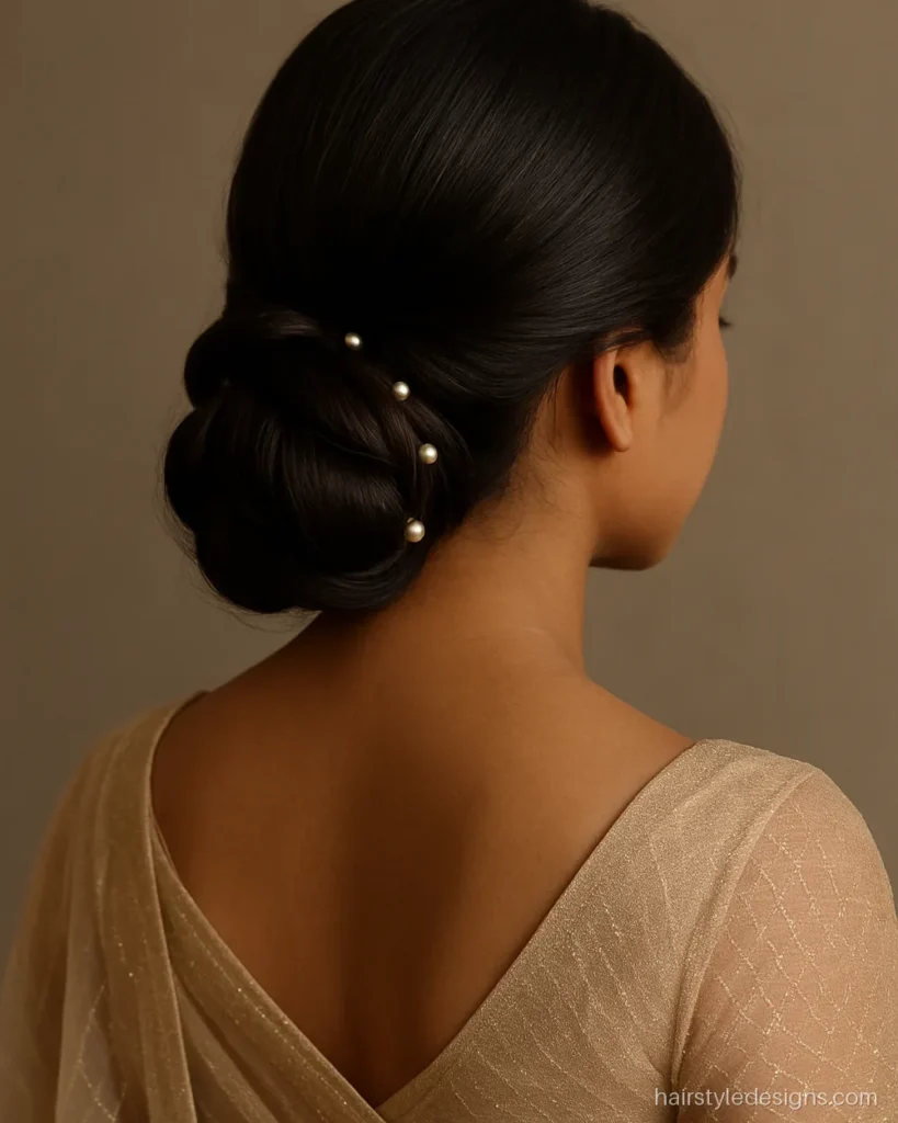 Hairstyle for saree look with a side low chignon and pearl pins