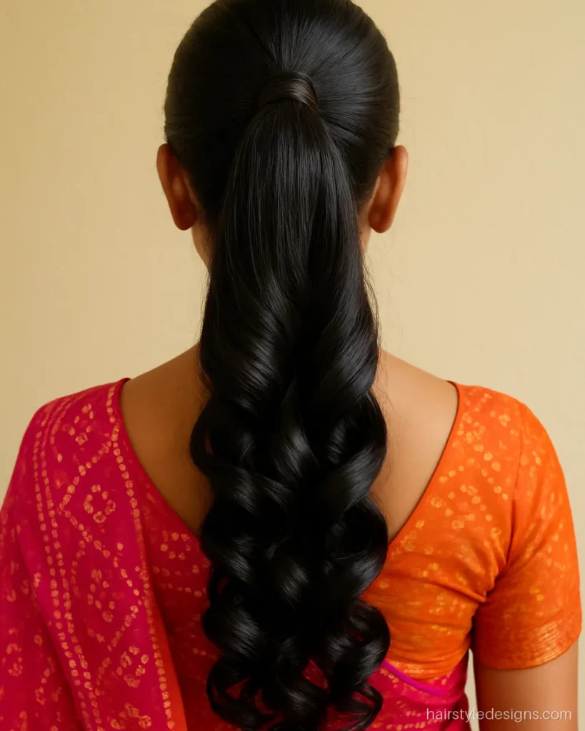 Saree hairstyle with a high curled ponytail wrapped with a hair strand