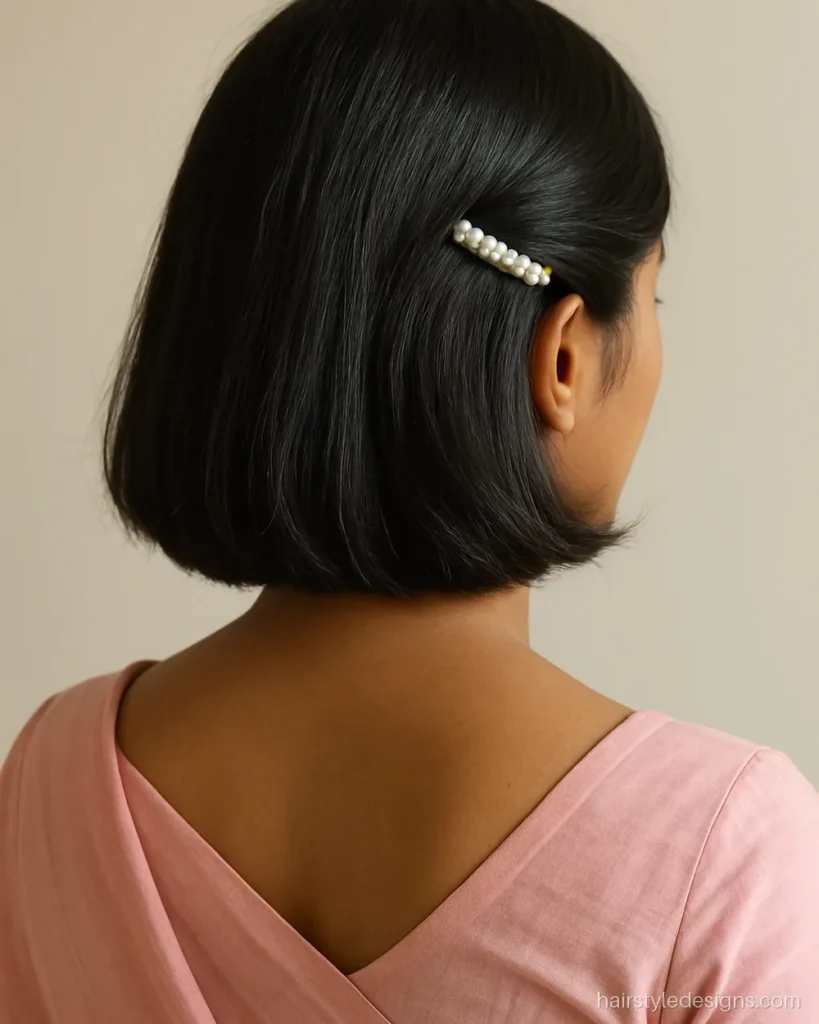 Simple hairstyle on saree for short hair with one side pinned back