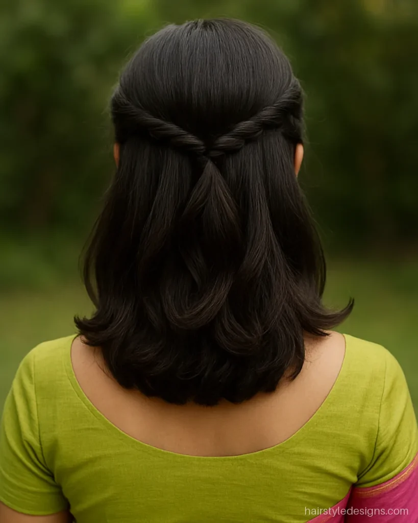 Short hair saree hairstyle with a twisted half up crown and bent ends