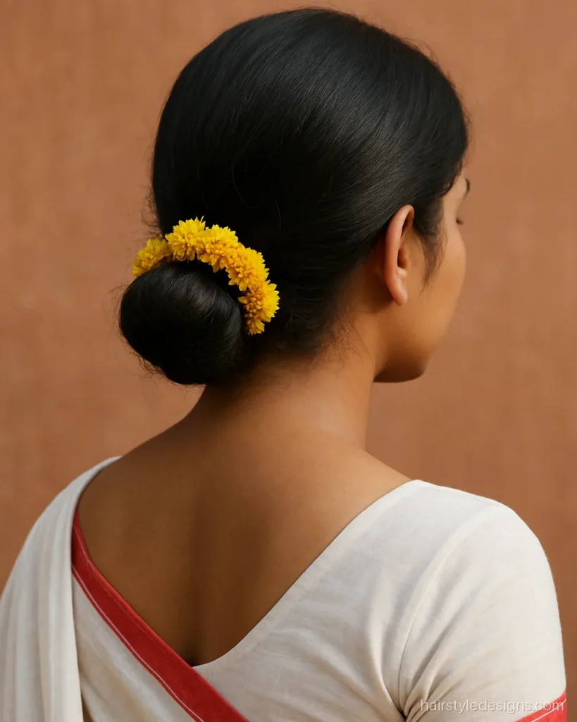 Short hair simple bun hairstyle for saree with a mini low bun and flowers
