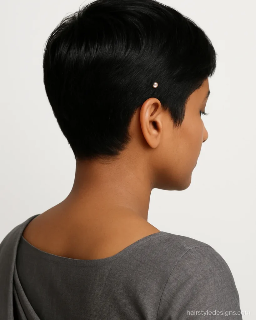 Hairstyle for saree short hair with a side swept pixie and a jewelled pin