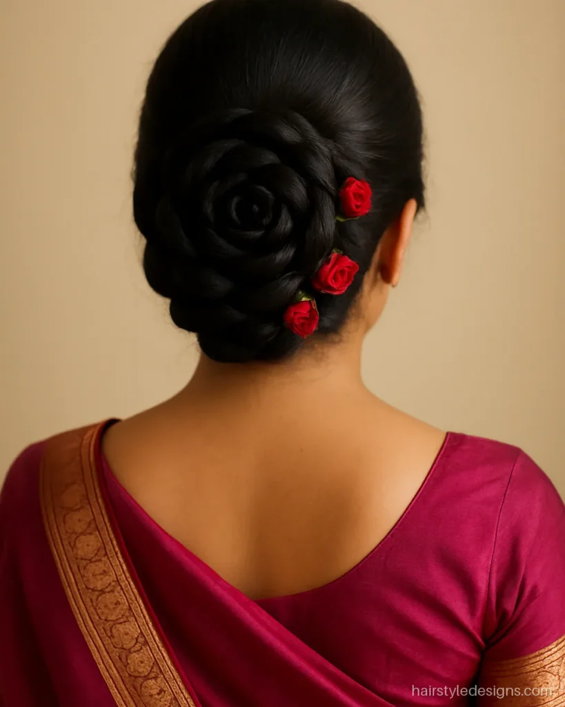 Traditional hairstyle for saree with a twisted rose bun and flowers