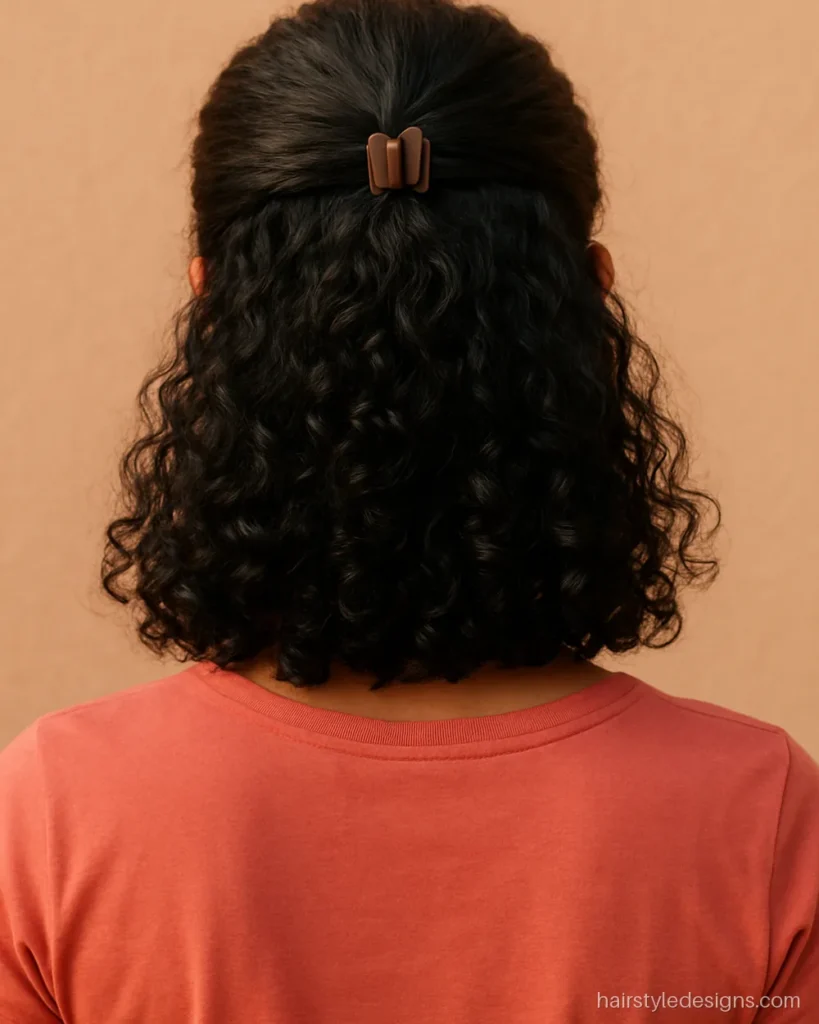 Curly step cut hairstyle styled half-up with a clip to show the tiers