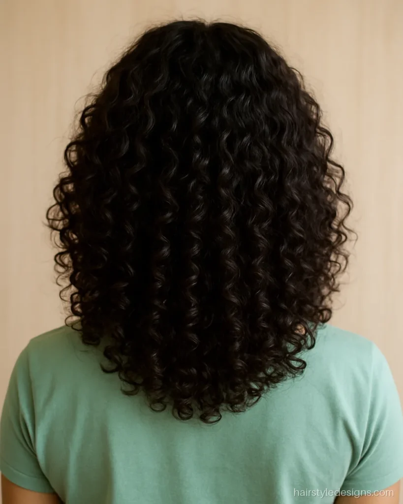 Step cut for curly hair with two deep tiers and defined spiral curls